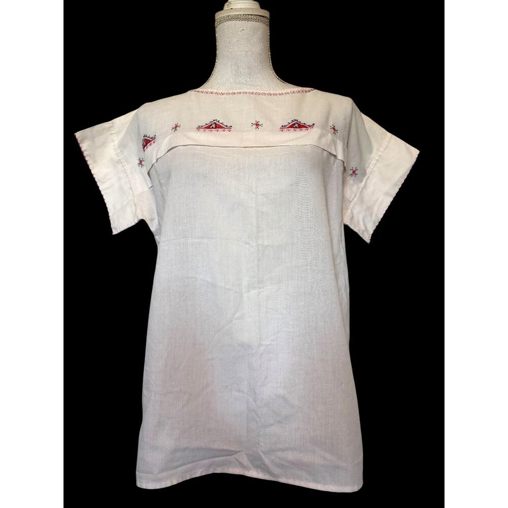 Vtg White Embroidered Mexican Top Pink & Black Embroidering Size M Manta Tunic